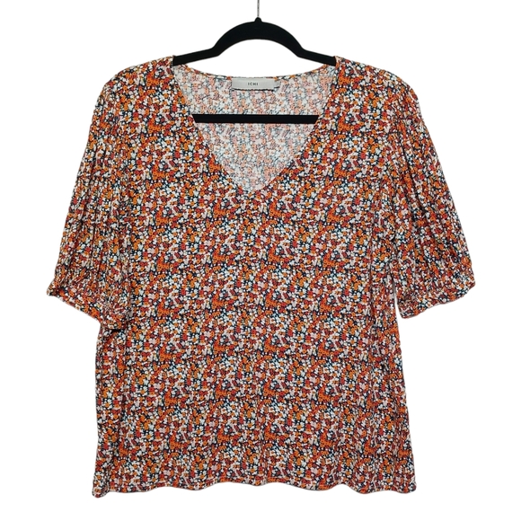Ichi Tops - ICHI Orange Red White Colorful Floral Print Short Sleeve V Neck Top Small